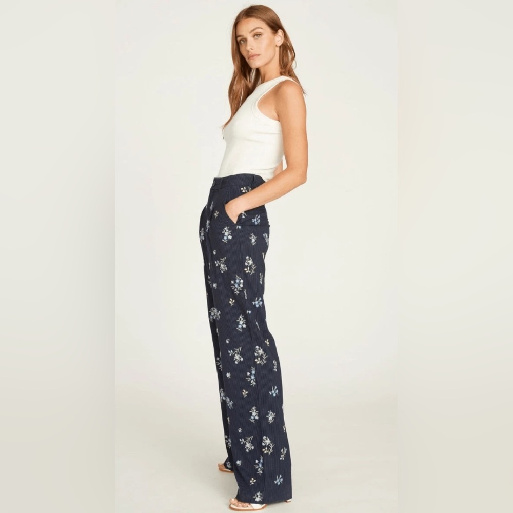 Floral Embroidered Pleated Navy Pinstriped Pants